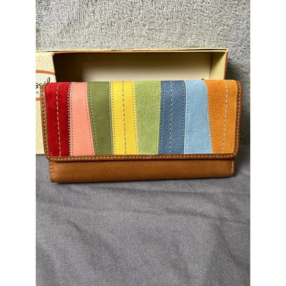 Vintage Fossil Leather Colorblock Patchwork Wallet Rainbow Boho Indie Artisan